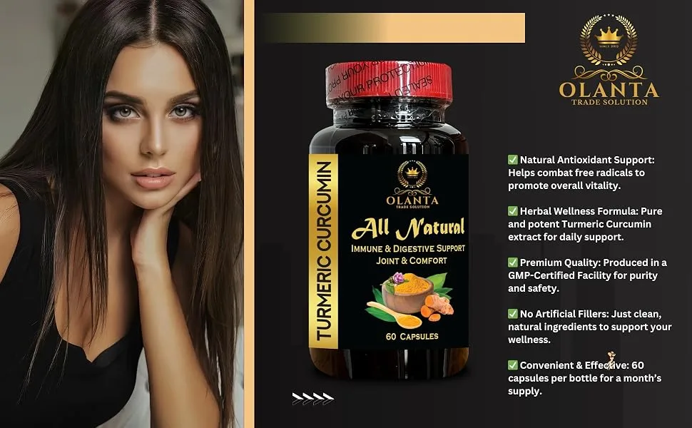 Natural Turmeric Curcumin Capsules Pure Formula for Antioxidant Support & Wellness 60 Capsules GMP-Certified Manufacturing - Turmeric Curcumin Supplement