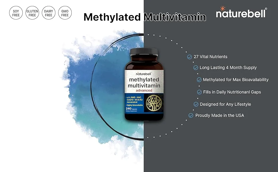 Methylated Multivitamin 240 Capsules | Highly Bioavailable 27 Advanced Nutrients Vitamins A C D3 K2 + B Complex with Methylfolate Methylcobalamin & NAD NAC CoQ10 Resveratrol & Magnesium - Magnesium glycinate
