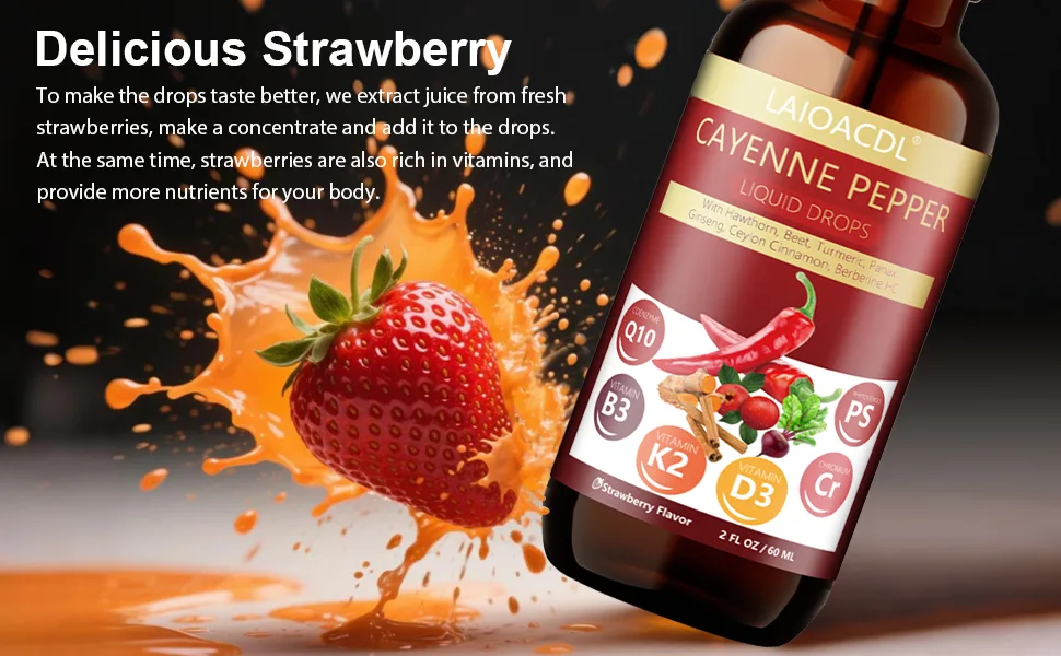 Cayenne Pepper Drops + Berberine Supplement with Ceylon Cinnamon Vitamin D3 K2 B3 Turmeric CoQ10 Beetroot Panax Ginseng Hawthorne Berry Chromium - Delicious Strawberry