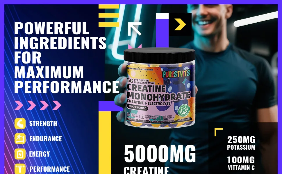 Creatine Monohydrate Gummies (5g) Pre-Workout Energy & Muscle Growth Support for Men & Women | Grape Mango Electrolyte Gummies (135 Count) Grape & Mango - Creatine Monohydrate Gummies