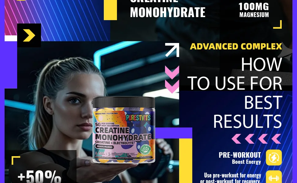 Creatine Monohydrate Gummies (5g) Pre-Workout Energy & Muscle Growth Support for Men & Women | Grape Mango Electrolyte Gummies (135 Count) Grape & Mango - Creatine Monohydrate Gummies