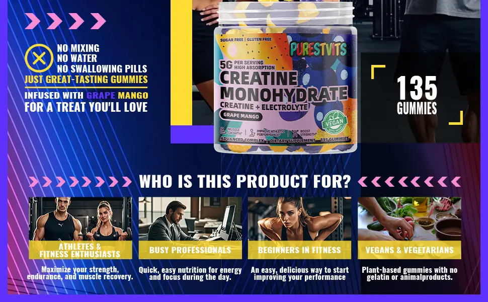 Creatine Monohydrate Gummies (5g) Pre-Workout Energy & Muscle Growth Support for Men & Women | Grape Mango Electrolyte Gummies (135 Count) Grape & Mango - Creatine Monohydrate Gummies