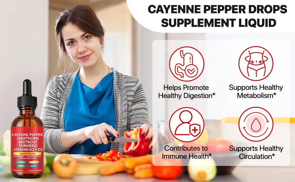 Cayenne Pepper Drops Supplement Liquid 60ml Herbal Supplements Cayenne Pepper Hawthorn Beet Root Turmeric Curcumin Vitamin K2 & D3 Extract Organic - Cayenne Pepper Drops Supplement Liquid