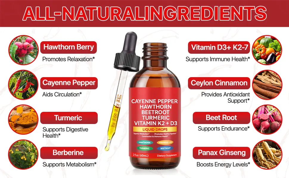 Cayenne Pepper Drops Supplement Liquid 60ml Herbal Supplements Cayenne Pepper Hawthorn Beet Root Turmeric Curcumin Vitamin K2 & D3 Extract Organic - Cayenne Pepper Drops Supplement Liquid