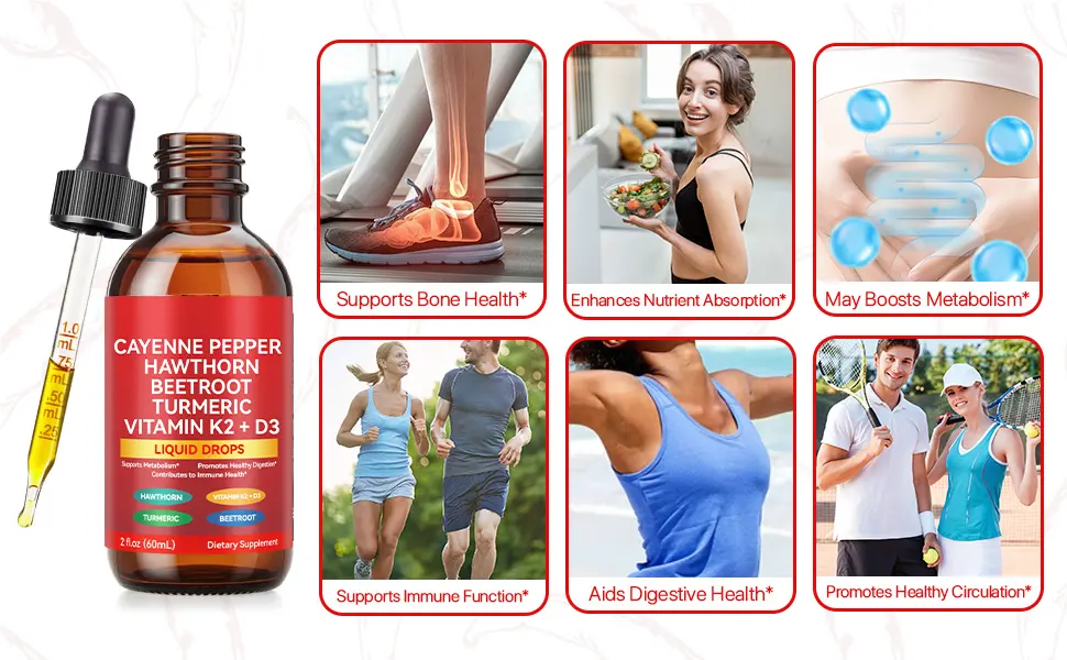 Cayenne Pepper Drops Supplement Liquid 60ml Herbal Supplements Cayenne Pepper Hawthorn Beet Root Turmeric Curcumin Vitamin K2 & D3 Extract Organic - Cayenne Pepper Drops Supplement Liquid