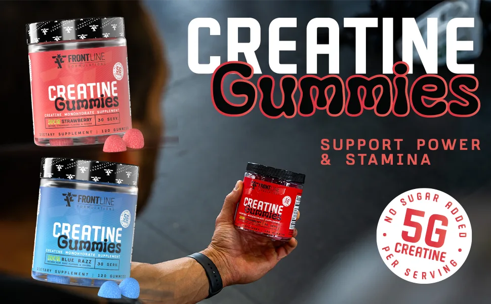 FRONTLINE FORMULATIONS Creatine Monohydrate Gummies 5g Creatine per Serving Sugar-Free Creatine Supplement for Strength Lean Muscle & Cognitive Support Sour Blue Razz 120 Gummies - frontline formulations creatine gummies
