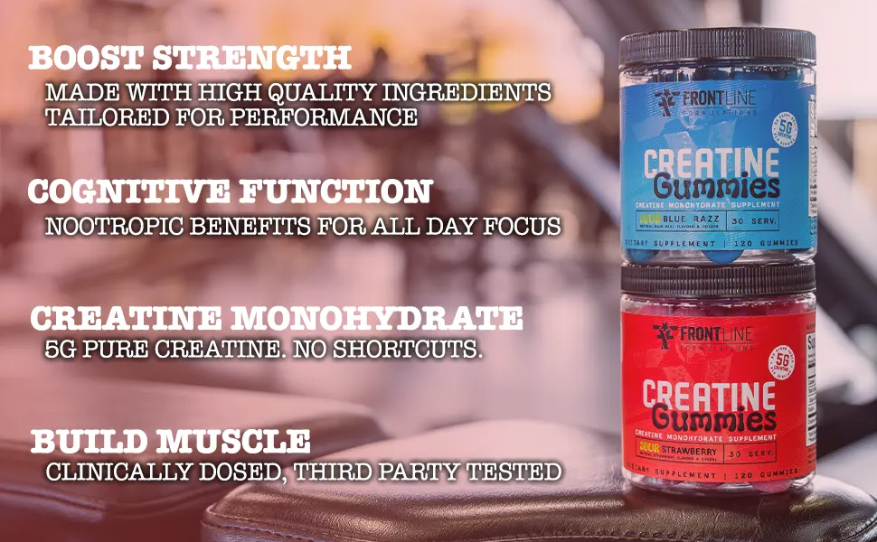 FRONTLINE FORMULATIONS Creatine Monohydrate Gummies 5g Creatine per Serving Sugar-Free Creatine Supplement for Strength Lean Muscle & Cognitive Support Sour Blue Razz 120 Gummies - frontline formulations creatine gummies