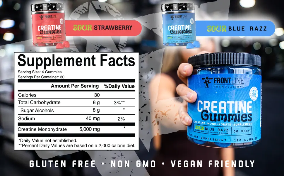 FRONTLINE FORMULATIONS Creatine Monohydrate Gummies 5g Creatine per Serving Sugar-Free Creatine Supplement for Strength Lean Muscle & Cognitive Support Sour Blue Razz 120 Gummies - frontline formulations creatine gummies
