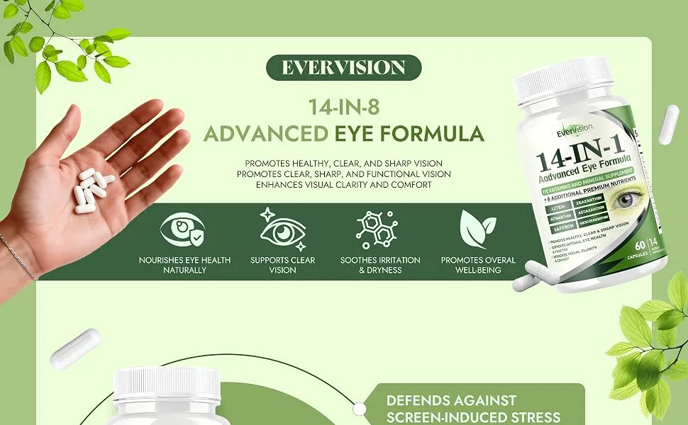 Evervision 14-in-1 Advanced Eye Formula - Eye Vitamin and Mineral Supplement for Eye Health - 60 Capsules (1pc) - evervision 14-in-1 advanced eye formula