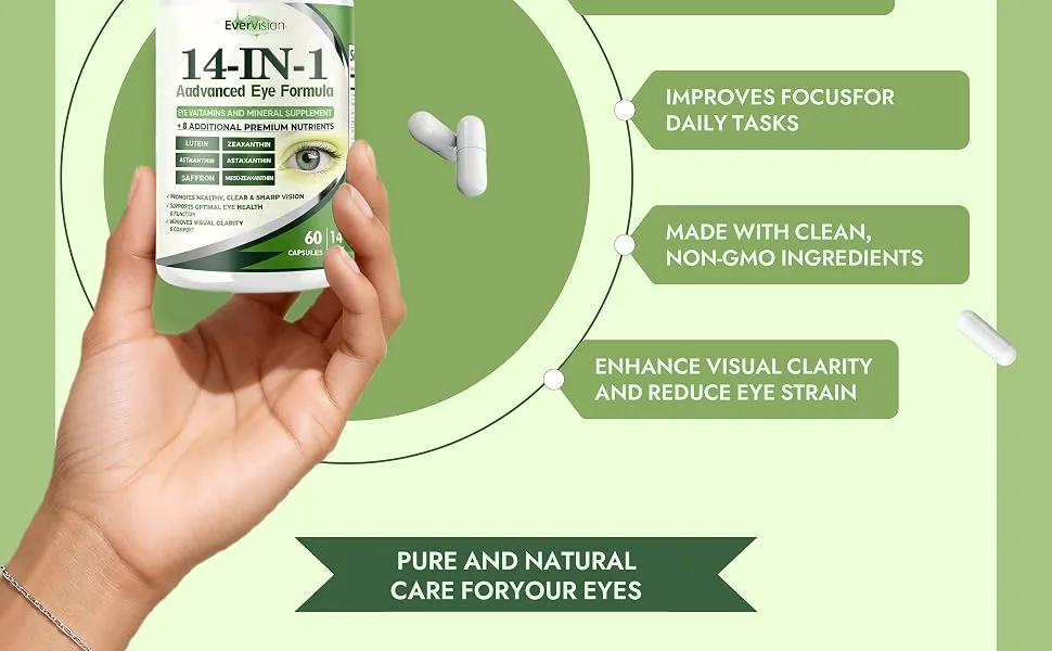 Evervision 14-in-1 Advanced Eye Formula - Eye Vitamin and Mineral Supplement for Eye Health - 60 Capsules (1pc) - evervision