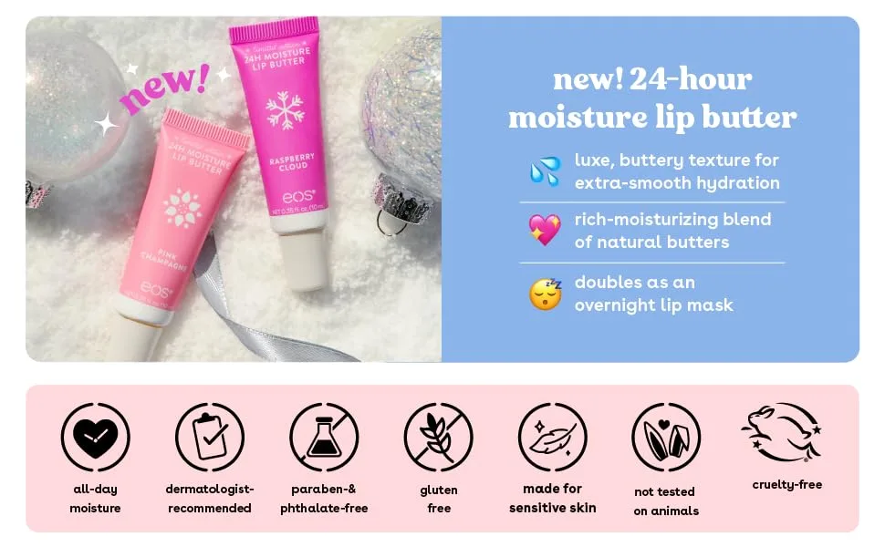 EOS Limited Edition Holiday Lip Balm Raspberry Cloud & Blackberry Bellini All-Day Moisture Made for Sensitive Skin 0.14 oz 2-Pack Clear - new! 24-hour moisture lip butter