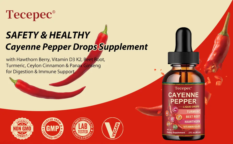 Cayenne Pepper Drops (2 Pack) Liquid Supplement with Hawthorn Berry Vitamin D3 K2 Beet Root Turmeric Ceylon Cinnamon & Panax Ginseng for Digestion & Immune Support 4 FL.OZ - Cayenne Pepper Drops