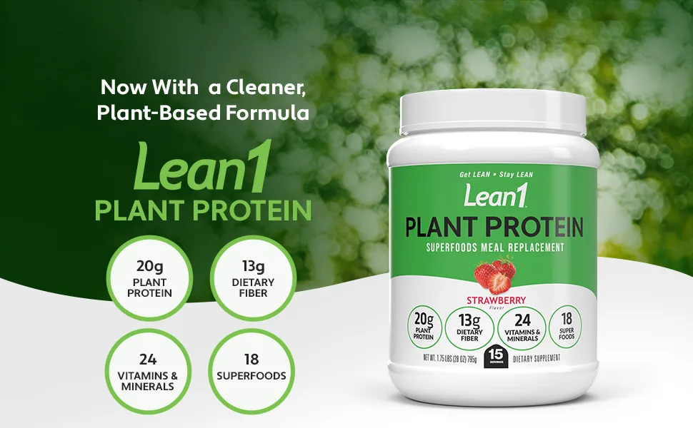 Lean1 Plant Based Protein Powder Meal Replacement strawberry flavor 15 serving - Lean1 Plant Protein Strawberry