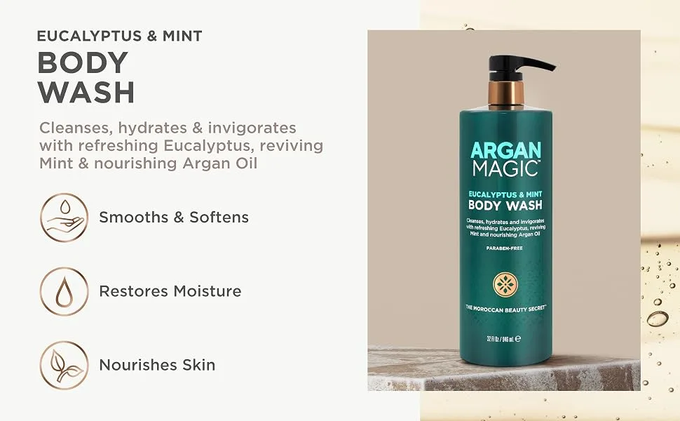Argan Magic Eucalyptus & Mint Body Wash with Argan Oil - Cleanses Hydrates & Invigorates with Refreshing Eucalyptus & Mint | Made in USA (32 Fl Oz) - Argan Magic Eucalyptus & Mint Body Wash