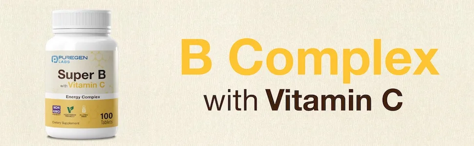 Puregen Labs Super B Energy Complex with Vitamin C - Immune Health Energy & Nervous System Support - Non-GMO Gluten-Free 100 Vegetarian Tablets - Super Energy B Complex Vitamins