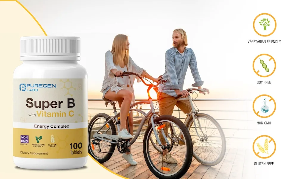 Puregen Labs Super B Energy Complex with Vitamin C - Immune Health Energy & Nervous System Support - Non-GMO Gluten-Free 100 Vegetarian Tablets - Super Energy B Complex Vitamins