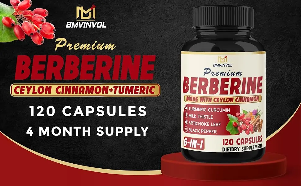 BMVINVOL 6in1 Berberine Supplement with Ceylon Cinnamon Tumeric Root Milk Thistle Artichoke Black Pepper -120 Capsules for 4 Month Supply - berberine supplement