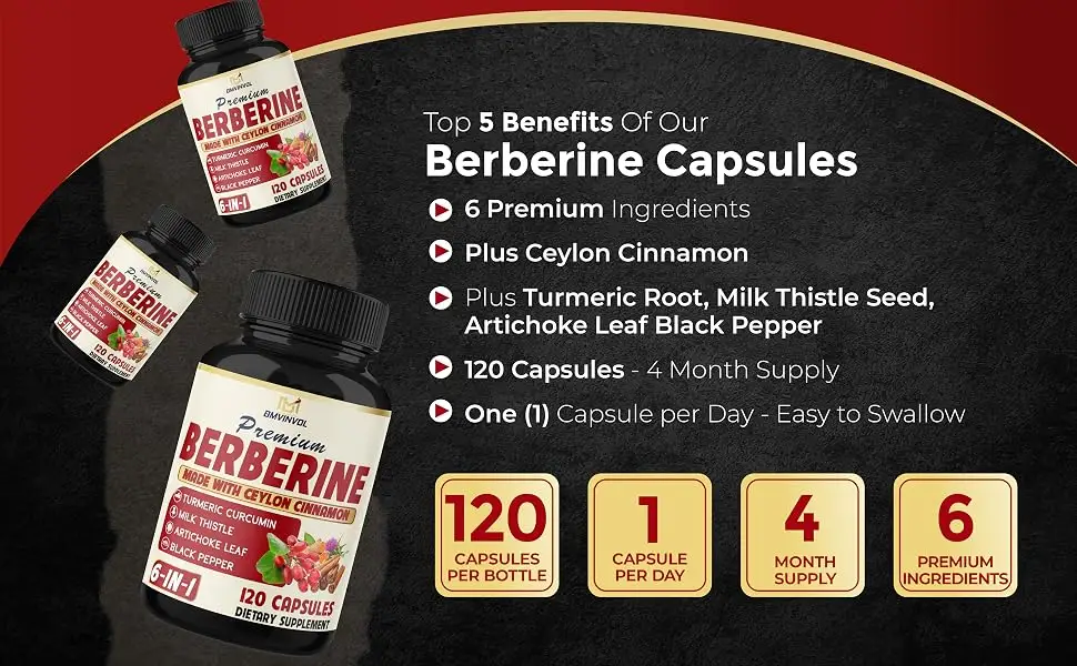BMVINVOL 6in1 Berberine Supplement with Ceylon Cinnamon Tumeric Root Milk Thistle Artichoke Black Pepper -120 Capsules for 4 Month Supply - berberine supplement