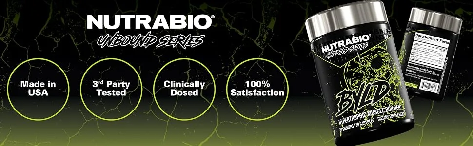 NutraBio Unbound BYLD - Natural Muscle Builder for Men Support Muscle Growth Recovery and Strength - 30 Servings - 60 Capsules - Made in USA 3rd party tested