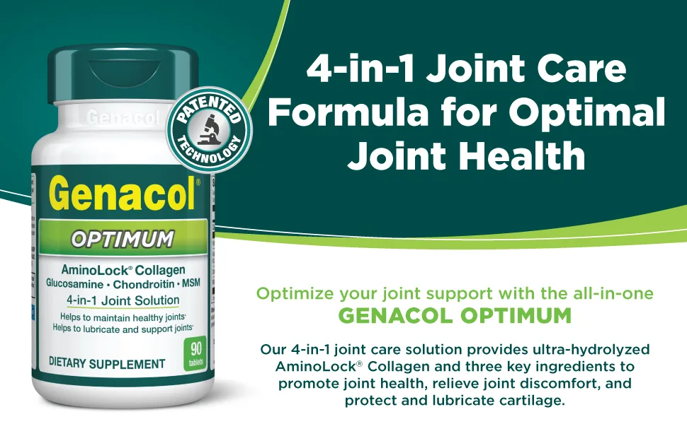 Genacol Optimum Glucosamine Chondroitin MSM & Ultra-Hydrolyzed Collagen Joint Support Tablets 180 Count (60-Day Supply) 180 Count (Pack of 1) - Genacol Optimum is a complete 4-in-1 joint care formula for optimal joint health