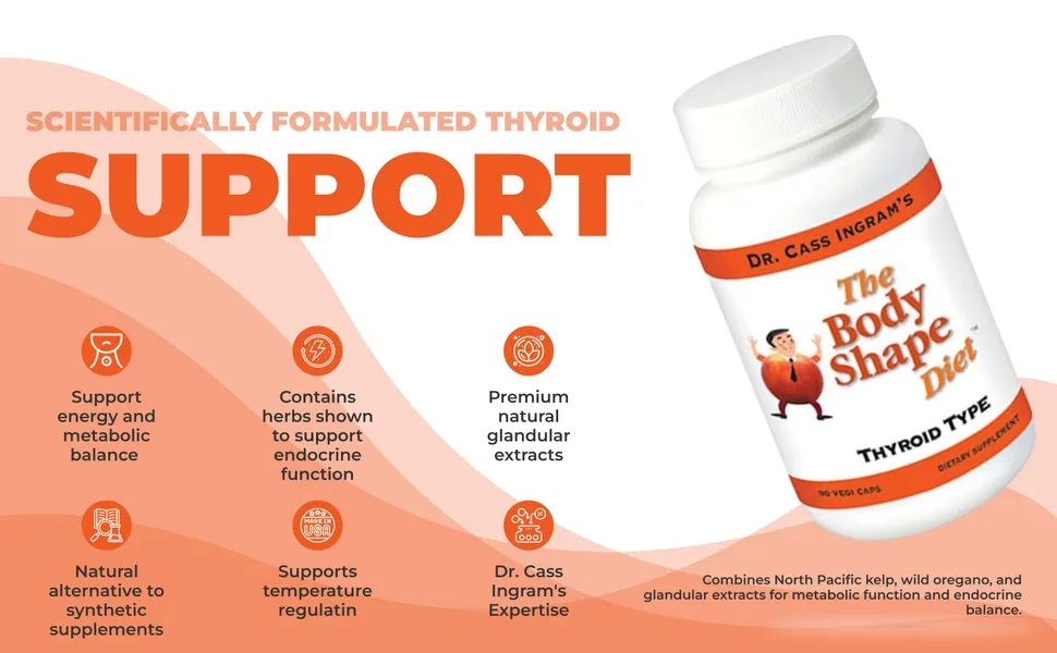 Dr. Cass Ingram's Body Shape Diet Thyroid Support Complex with Wild Oregano North Pacific Kelp L-Tyrosine Glandular Extracts - Natural Energy & Metabolism Support - Non-GMO 90 Capsules - Dr. Cass Ingram's Thyroid Support Formula Endocrine Support