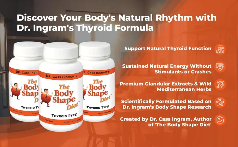 Dr. Cass Ingram's Body Shape Diet Thyroid Support Complex with Wild Oregano North Pacific Kelp L-Tyrosine Glandular Extracts - Natural Energy & Metabolism Support - Non-GMO 90 Capsules - Dr. Cass Ingram's Thyroid Support Formula Endocrine Support