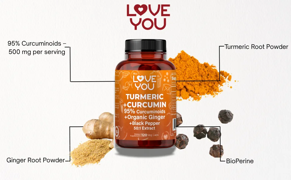 Love You Turmeric Curcumin with Organic Ginger & BioPerine Black Pepper 120 Vegan Capsules - turmeric + curcumin