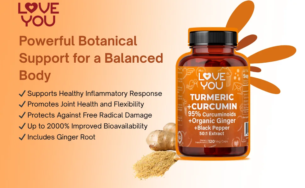 Love You Turmeric Curcumin with Organic Ginger & BioPerine Black Pepper 120 Vegan Capsules - turmeric + curcumin
