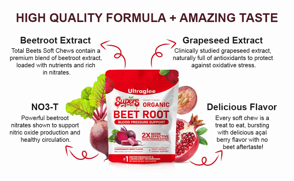 Ultraglee Beet Chews Beetsroot Heart Nitric Oxide Support Soft Beets Heart Chews Grape Seed Extract &Beet Root Powder Energy Supplement 60 (Pomegranate Berry Flavor) - product information 3