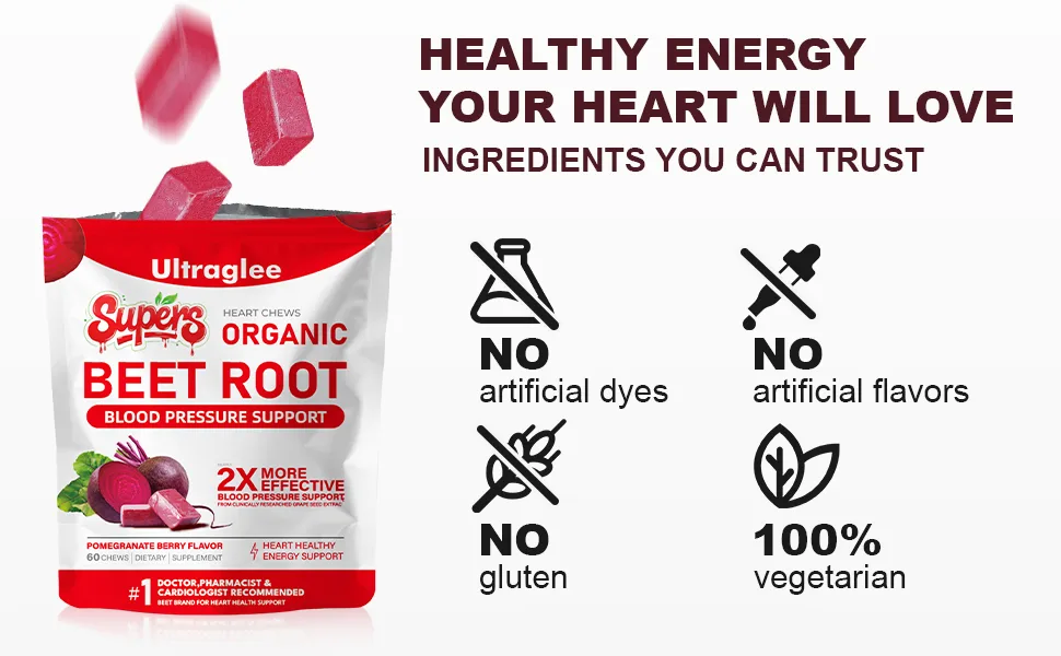 Ultraglee Beet Chews Beetsroot Heart Nitric Oxide Support Soft Beets Heart Chews Grape Seed Extract &Beet Root Powder Energy Supplement 60 (Pomegranate Berry Flavor) - product information 4