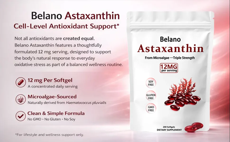 Belano Astaxanthin 12 mg 200 Softgels Natural Astaxanthin Antioxidant Supplement Clean Formula Non-GMO Verified & Gluten Free - product information 1