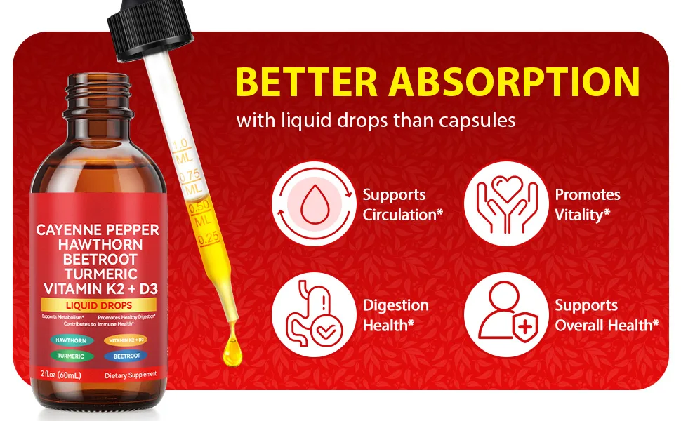 Cayenne Pepper Drops Cayenne Pepper Supplement Liquid with Hawthorn Beetroot Turmeric Curcuma Longa Root(30:1) Vitamin K2 + D3 Cayenne Extract 10:1-100mg 2 Oz - product information 1