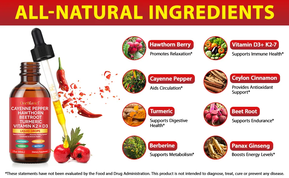 Cayenne Pepper Drops Cayenne Pepper Supplement Liquid with Hawthorn Beetroot Turmeric Curcuma Longa Root(30:1) Vitamin K2 + D3 Cayenne Extract 10:1-100mg 2 Oz - product information 2