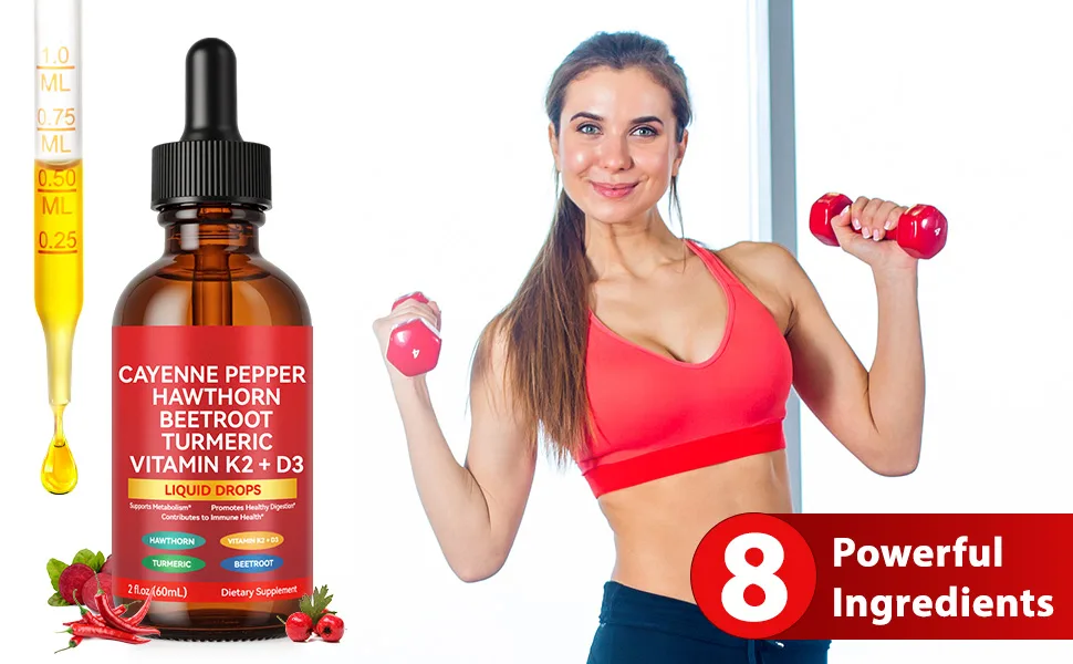 Cayenne Pepper Drops Cayenne Pepper Supplement Liquid with Hawthorn Beetroot Turmeric Curcuma Longa Root(30:1) Vitamin K2 + D3 Cayenne Extract 10:1-100mg 2 Oz - product information 4