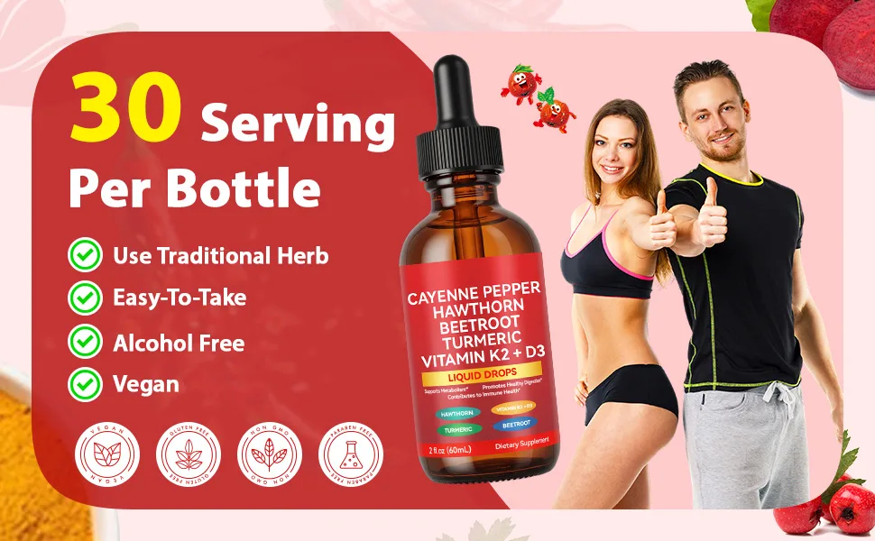 Cayenne Pepper Drops Cayenne Pepper Supplement Liquid with Hawthorn Beetroot Turmeric Curcuma Longa Root(30:1) Vitamin K2 + D3 Cayenne Extract 10:1-100mg 2 Oz - product information 5