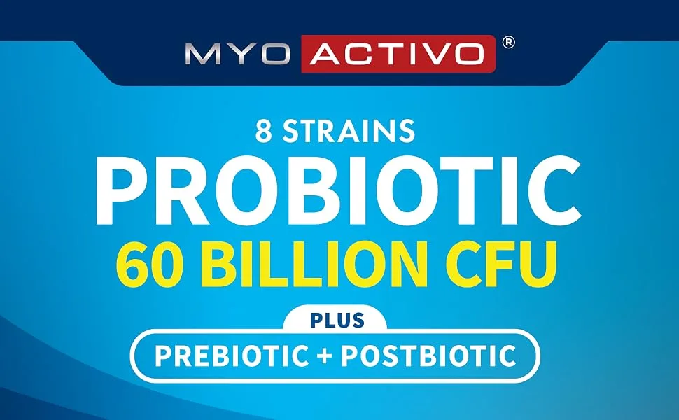 MyoActivo 60 Billion CFU Probiotic - Unique Tri-Blend w/ 8 Probiotic Strains Prebiotics & Postbiotics - for Digestive & Immune Support - Delayed Release - Shelf Stable - Non-GMO Gluten Free - 30 Ct - picture