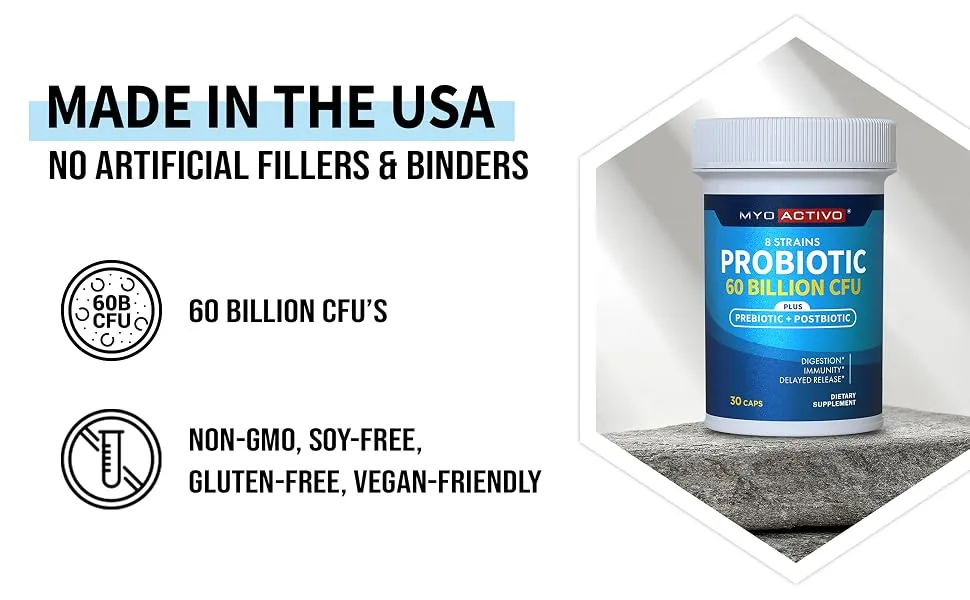 MyoActivo 60 Billion CFU Probiotic - Unique Tri-Blend w/ 8 Probiotic Strains Prebiotics & Postbiotics - for Digestive & Immune Support - Delayed Release - Shelf Stable - Non-GMO Gluten Free - 30 Ct - probiotic