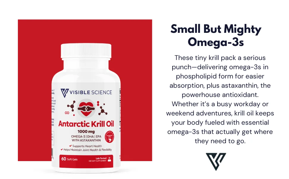 Visible Science Antarctic Krill Oil 1000mg Omega-3 EPA & DHA with Astaxanthin Heart Joint & Brain Health Support Helps Maintain Flexibility Sustainably Sourced 60 Softgels - VS Krill Oil