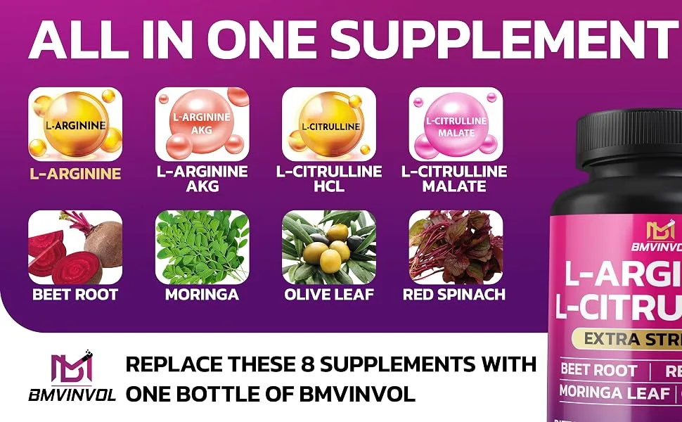 BMVINVOL L Arginine L Citrulline Supplement Plus Beet Root Moringa Olive Red Spinach for Support Daily - 90 Capsules - Larginine