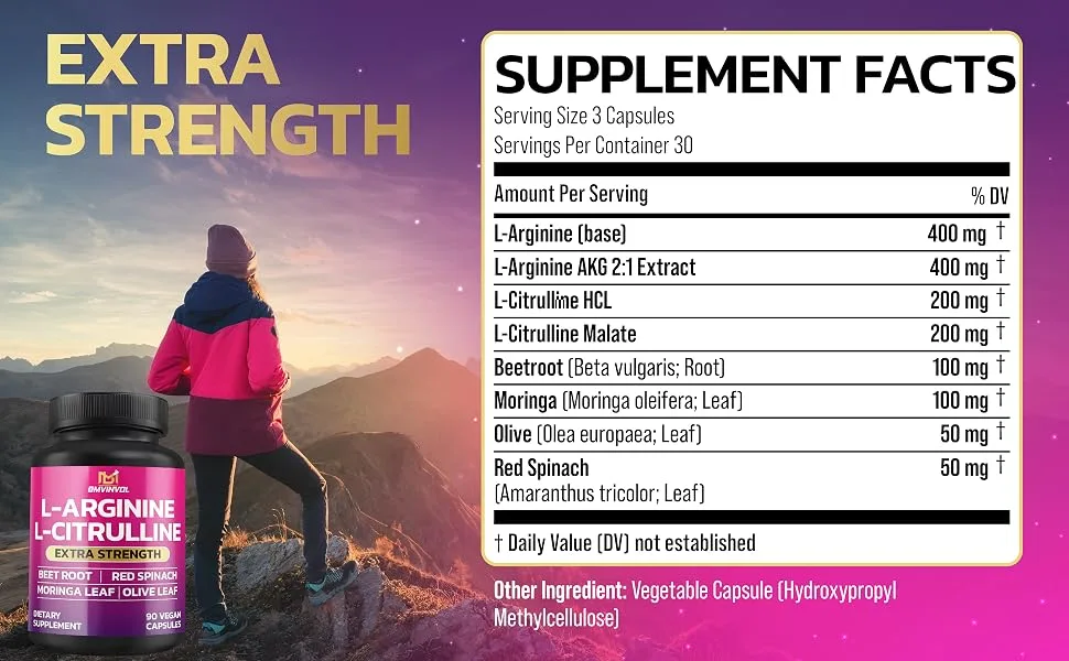 BMVINVOL L Arginine L Citrulline Supplement Plus Beet Root Moringa Olive Red Spinach for Support Daily - 90 Capsules - Larginine