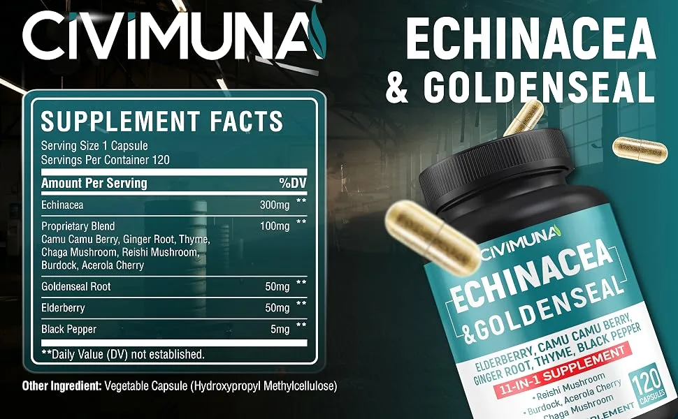 CIVIMUNA Echinacea Extract Capsules with Echinacea Goldenseal Root Elderberry and More - 120 Capsules for 4 Months Supply - B0BFMB5FD5