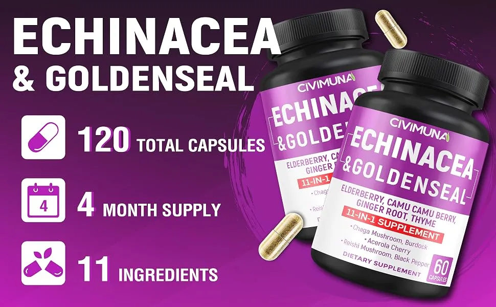 CIVIMUNA Echinacea Capsules with Echinacea Goldenseal Root Elderberry - 120 Capsules for 4 Months Supply (Pack of 2) - B0BFQYDLNT