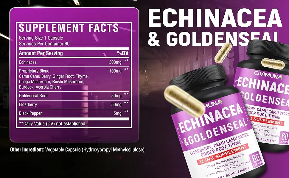 CIVIMUNA Echinacea Capsules with Echinacea Goldenseal Root Elderberry - 120 Capsules for 4 Months Supply (Pack of 2) - B0BFQYDLNT