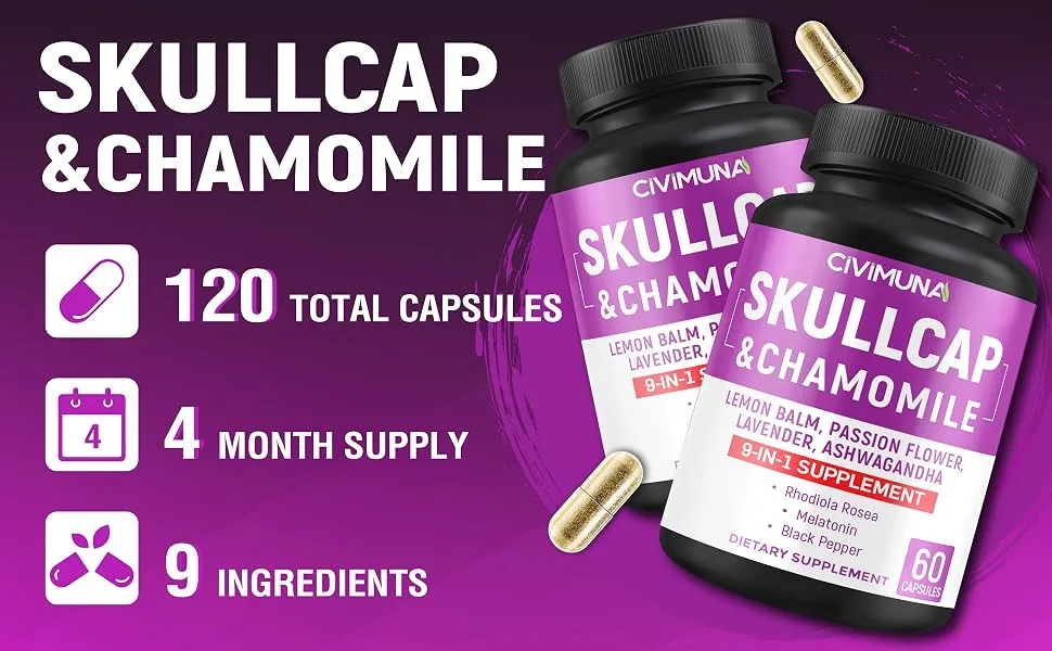 CIVIMUNA Skullcap Capsules with Skullcap Chamomile Lemon Balm and More - 120 Capsules for 4 Months Supply (Pack of 2) - B0BFN337M6