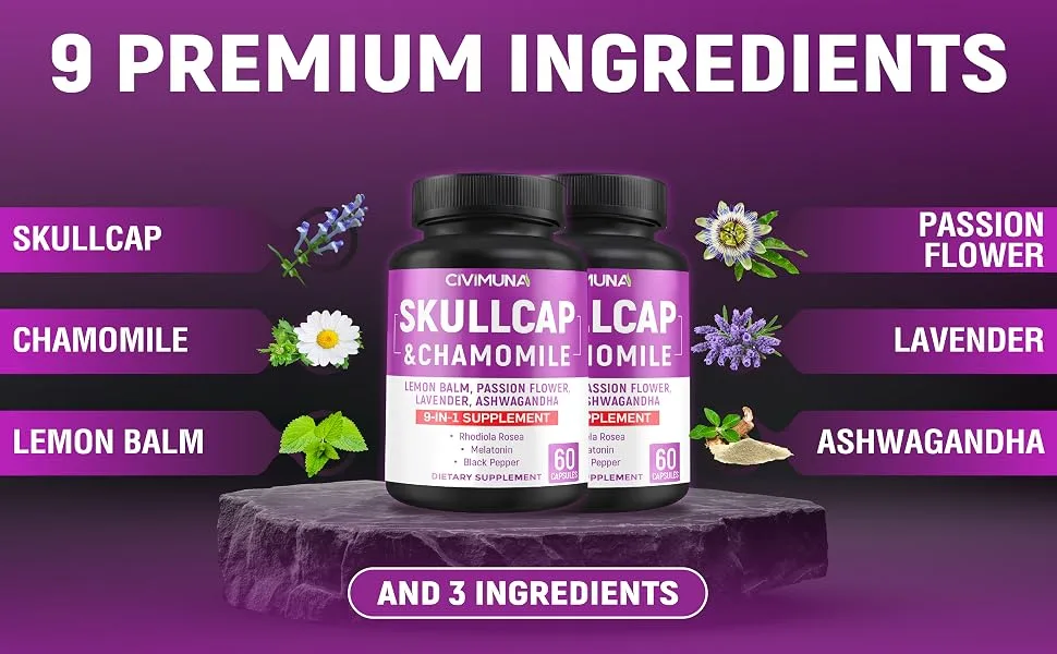 CIVIMUNA Skullcap Capsules with Skullcap Chamomile Lemon Balm and More - 120 Capsules for 4 Months Supply (Pack of 2) - B0BFN337M6