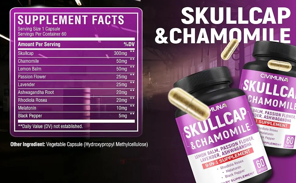 CIVIMUNA Skullcap Capsules with Skullcap Chamomile Lemon Balm and More - 120 Capsules for 4 Months Supply (Pack of 2) - B0BFN337M6
