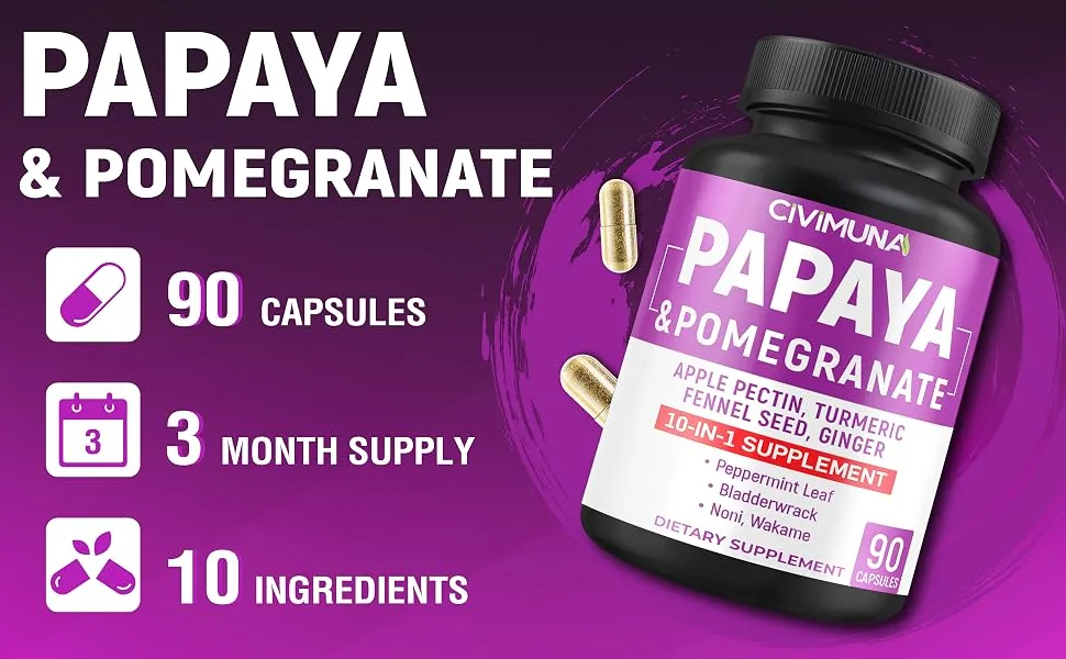 CIVIMUNA Papaya Capsules with Papaya Pomegranate Apple Pectin and More - 90 Capsules for 3 Months Supply - B0BFR566X3