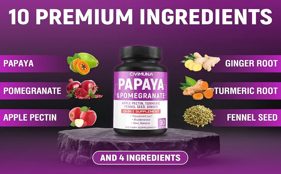 CIVIMUNA Papaya Capsules with Papaya Pomegranate Apple Pectin and More - 90 Capsules for 3 Months Supply - B0BFR566X3