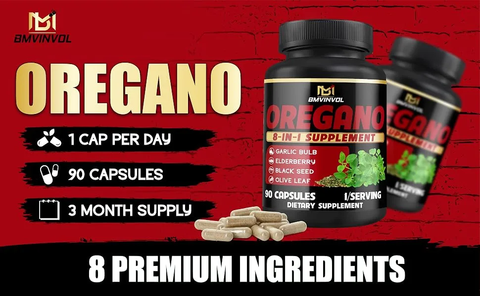 BMVINVOL Oregano Supplement | Black Seed Garlic Elderberry Olive Leaf Quercetin Bromelain Black Pepper - 8in1 Immune & Digestive Support 90 Capsules 3-Month Supply  - B0F1Z68MLM