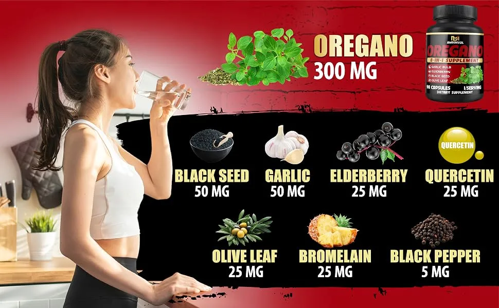 BMVINVOL Oregano Supplement | Black Seed Garlic Elderberry Olive Leaf Quercetin Bromelain Black Pepper - 8in1 Immune & Digestive Support 90 Capsules 3-Month Supply  - B0F1Z68MLM